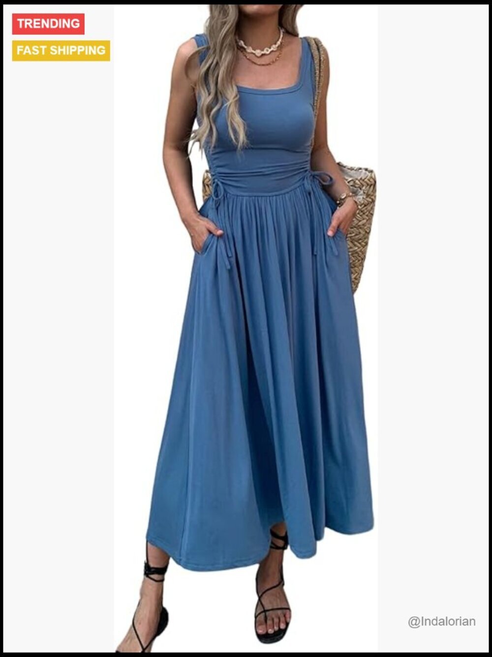 Boho Summer Maxi Dress with Pockets, Adjustable Waist, Sleeveless Ruched